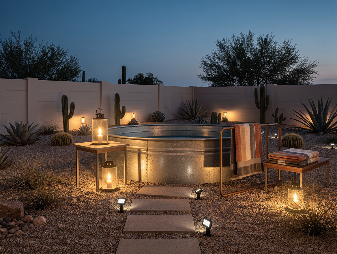Wide ambiance photo of a small backyard at dusk with hotel-style stock tank pool