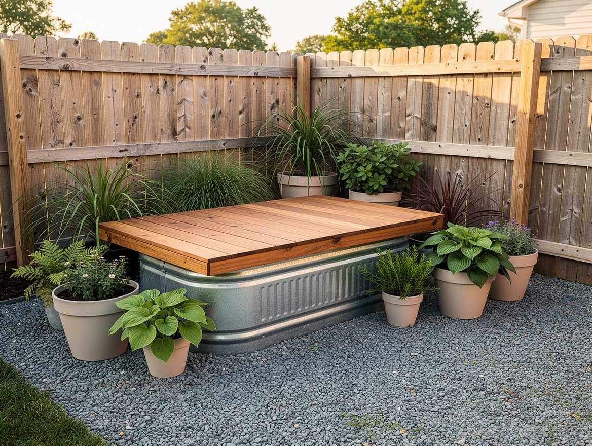 Wide ambiance photo of a tidy American backyard corner styled with a galvanized