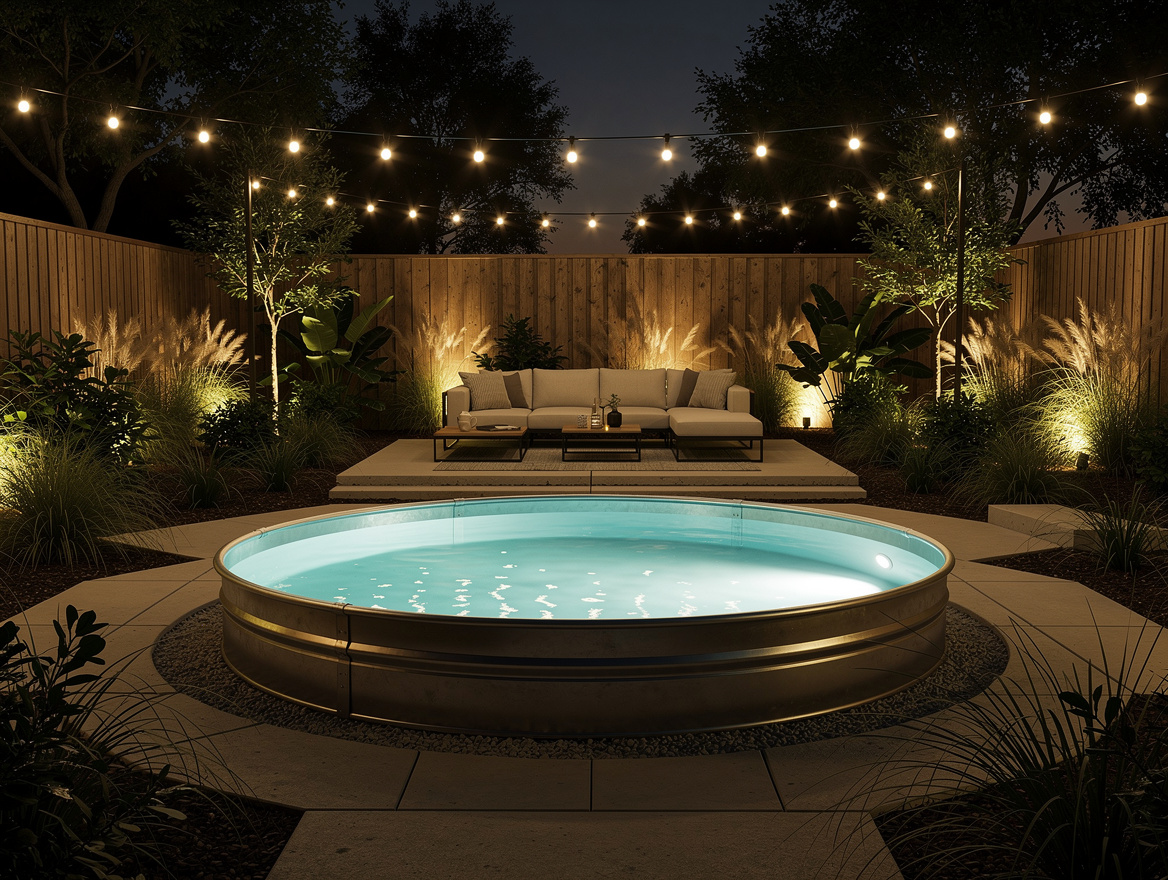 Wide ambiance photo of a backyard at 10 p.m. with a glowing stock tank pool, war