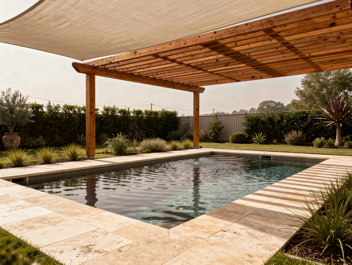 Wide ambiance photo of a backyard pool with a cedar pergola, light travertine pa