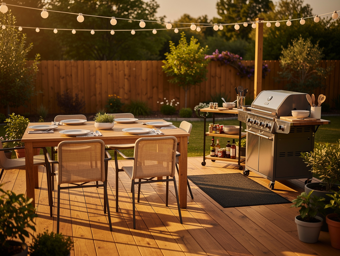 Wide ambiance photo of a cozy backyard cookout setting with wood deck, outdoor d