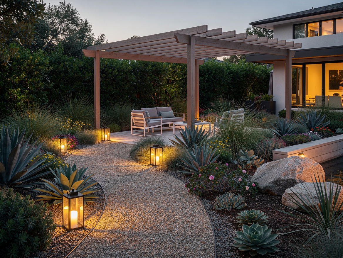Wide ambient editorial photo of a lush-looking xeriscape backyard at dusk, warm