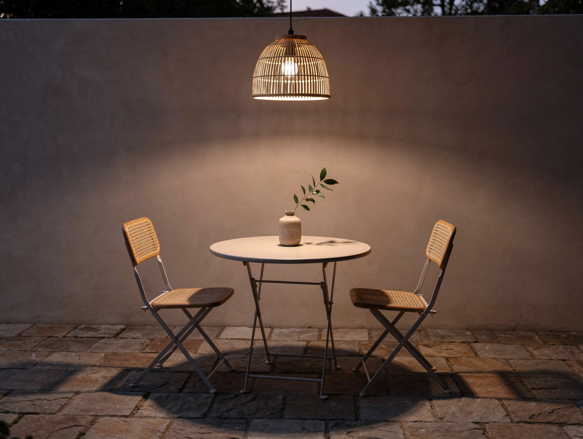 Ambiance shot of single bamboo pendant light glowing over small bistro table at