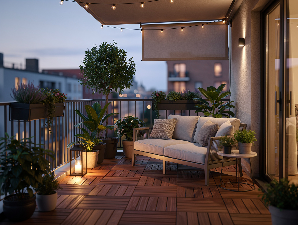 Wide ambient photo of a cozy apartment balcony at dusk with deck tiles, loveseat