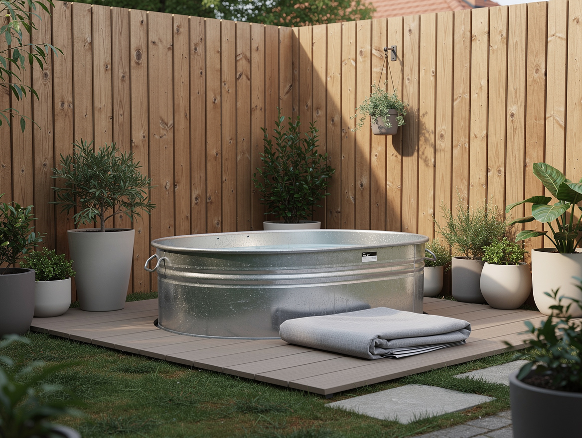 Wide ambient editorial photo of a compact backyard with a stock-tank style tub a