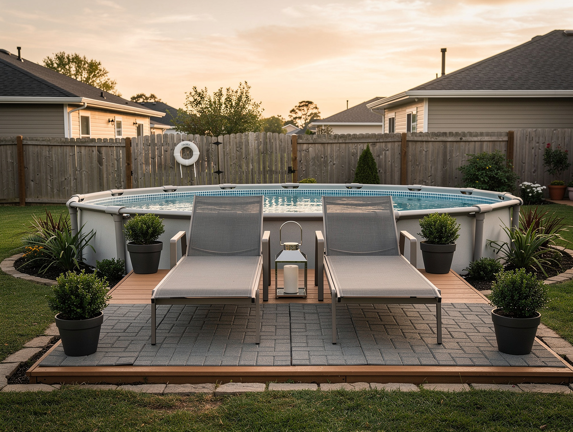 Wide ambiance photo of a compact above-ground pool lounge area for renters, smal
