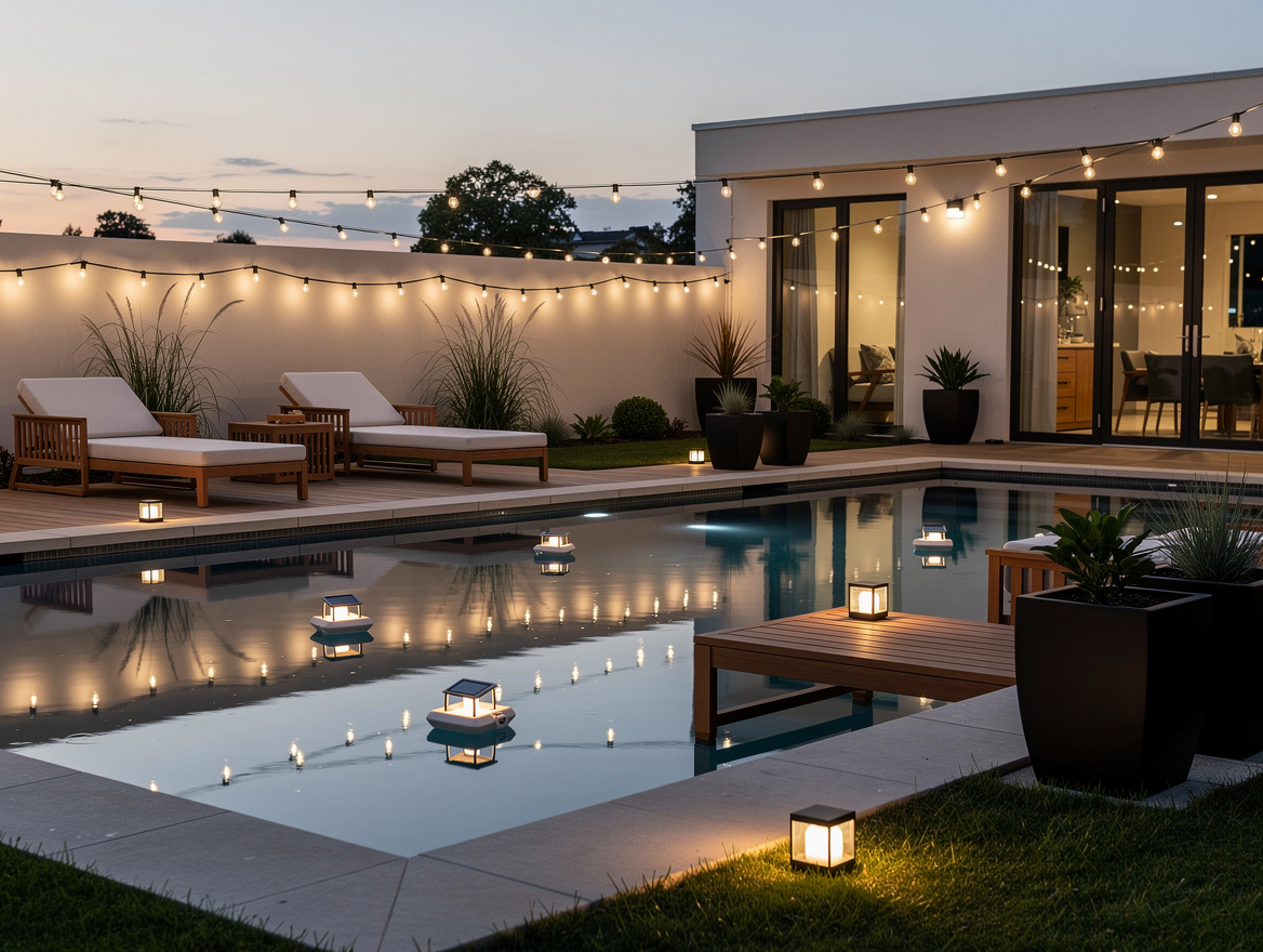 Wide atmospheric poolside scene with teak seating, black planters, glowing float