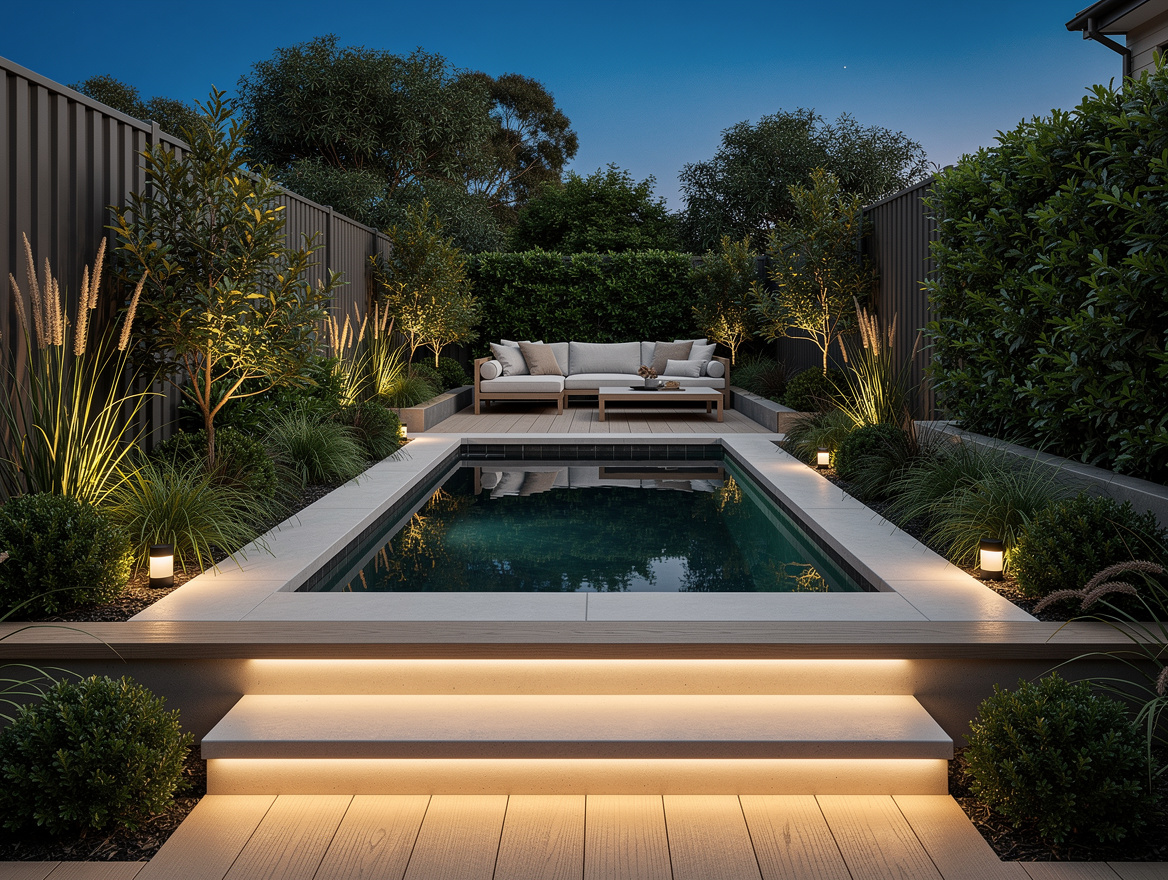 Wide ambiance photo of a tiny backyard pool retreat at dusk with warm lighting,