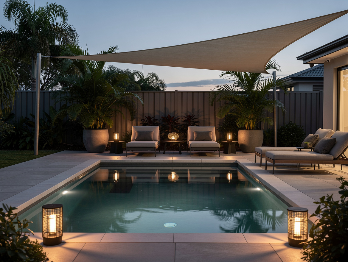 Wide ambiance photo of a backyard pool lounge at dusk with solar lanterns, four
