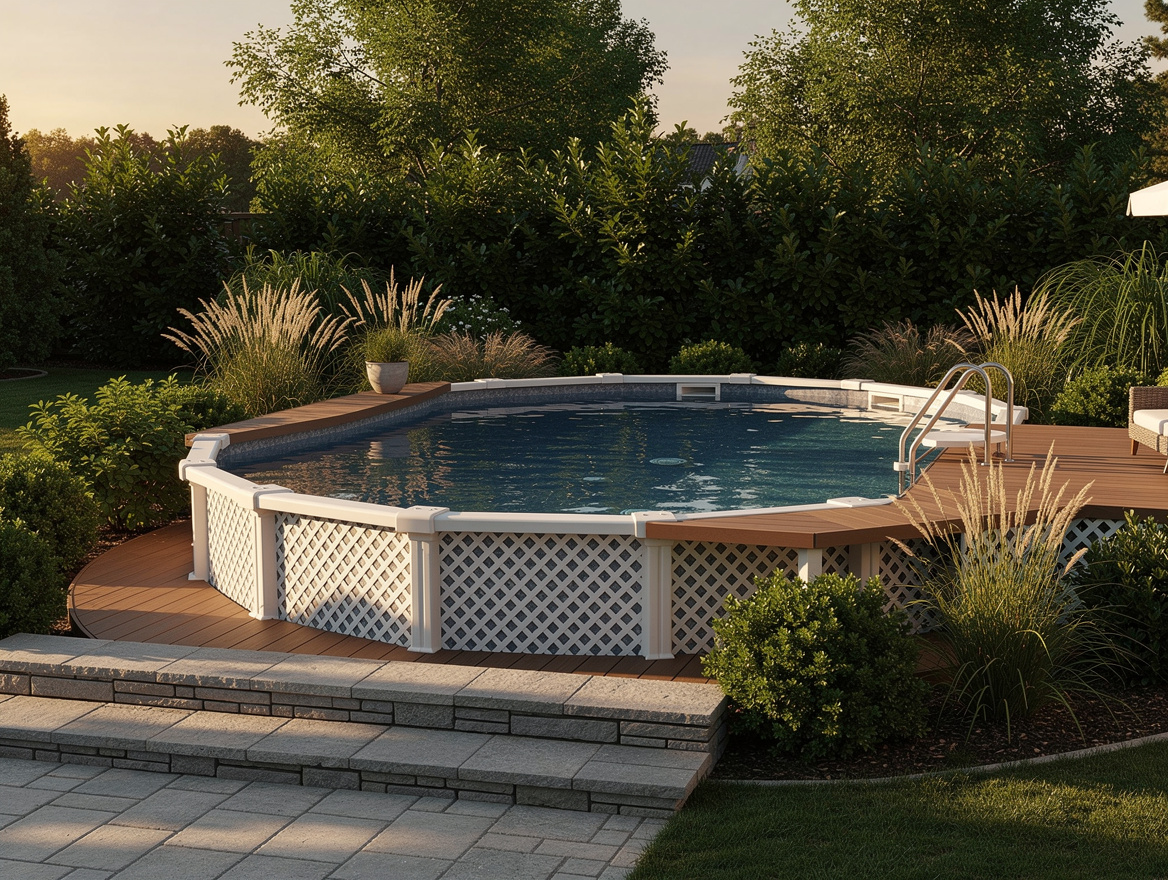 Wide ambiance photo of a backyard with an above-ground pool visually disguised a
