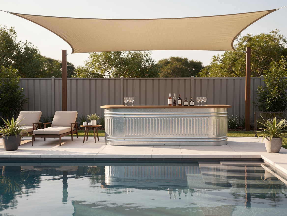Wide ambiance photo of a poolside cocktail bar made from an 8-foot galvanized st