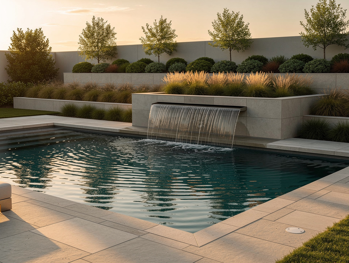 Wide ambiance photo of a modern backyard pool at golden hour, deep teal water, m