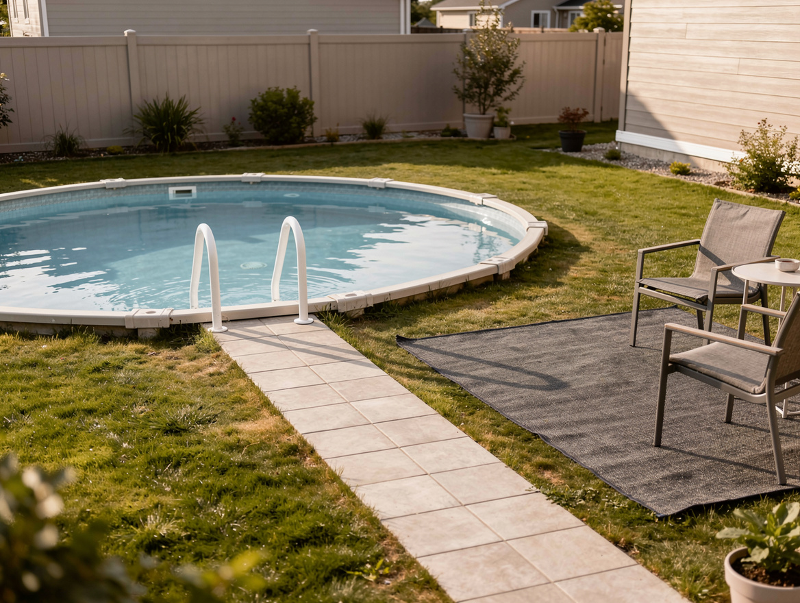 Wide ambient photo of an above-ground pool with a narrow tile walkway leading fr