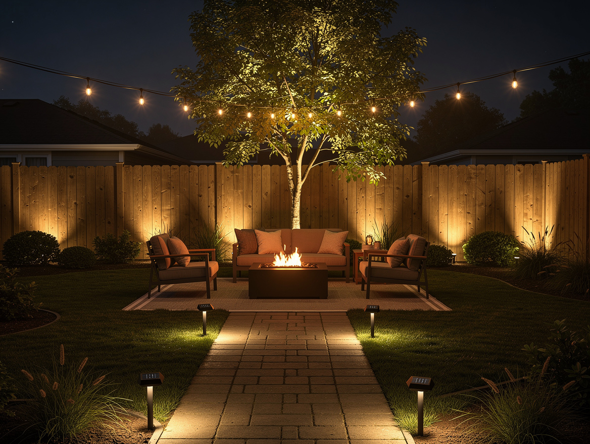 Wide ambiance shot of a fenced backyard at night with layered solar lighting, wa