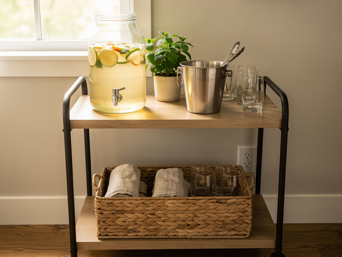 Atmospheric editorial photo of a wood and metal bar cart styled as a summer drin
