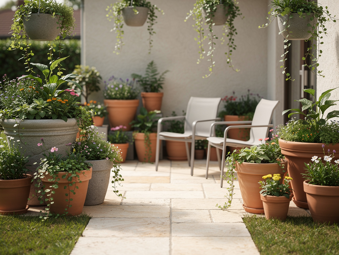 Wide ambiance photo of a small patio with two chairs, clear walking path, layere
