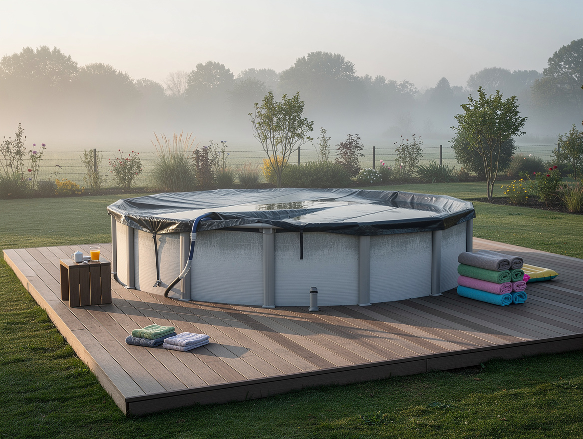 Wide ambient editorial photo of an above-ground pool at early morning with refle