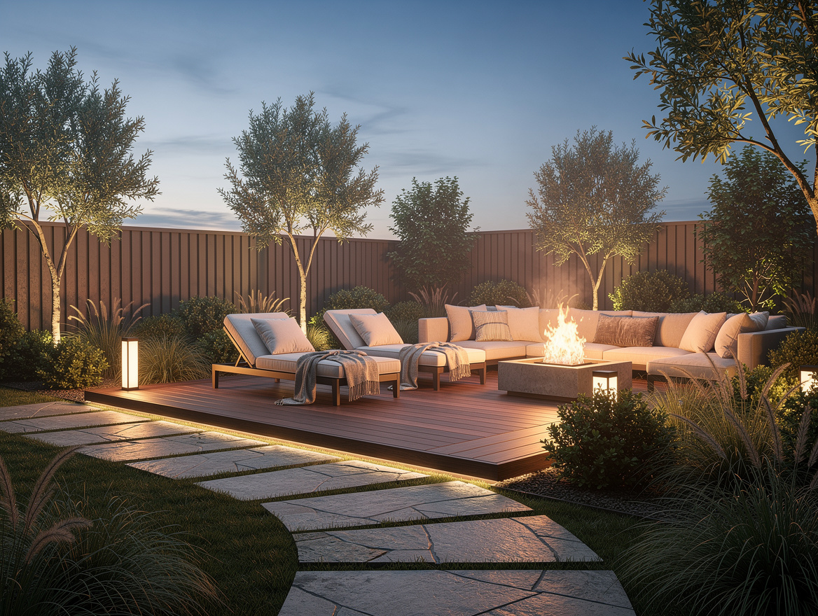 Wide ambiance photo of a boutique-hotel-inspired backyard at dusk with layered p