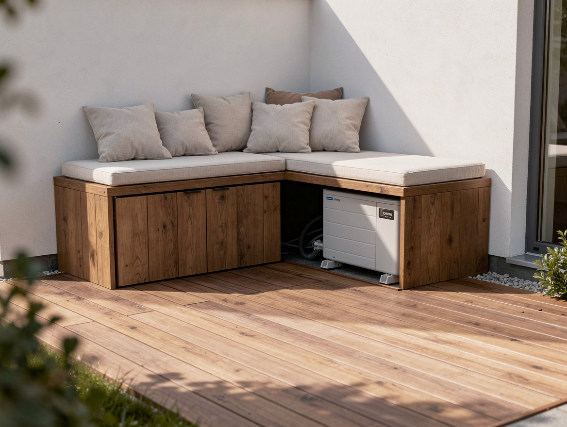 Wide ambiance photo of a patio corner with hidden pool equipment inside a bench-