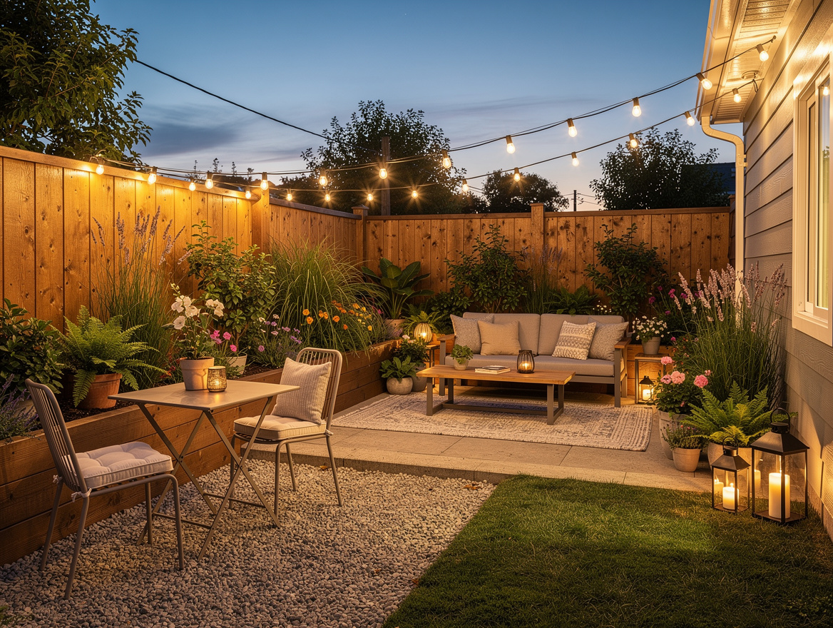 Wide ambient view of a cozy small backyard at dusk with warm white string lights