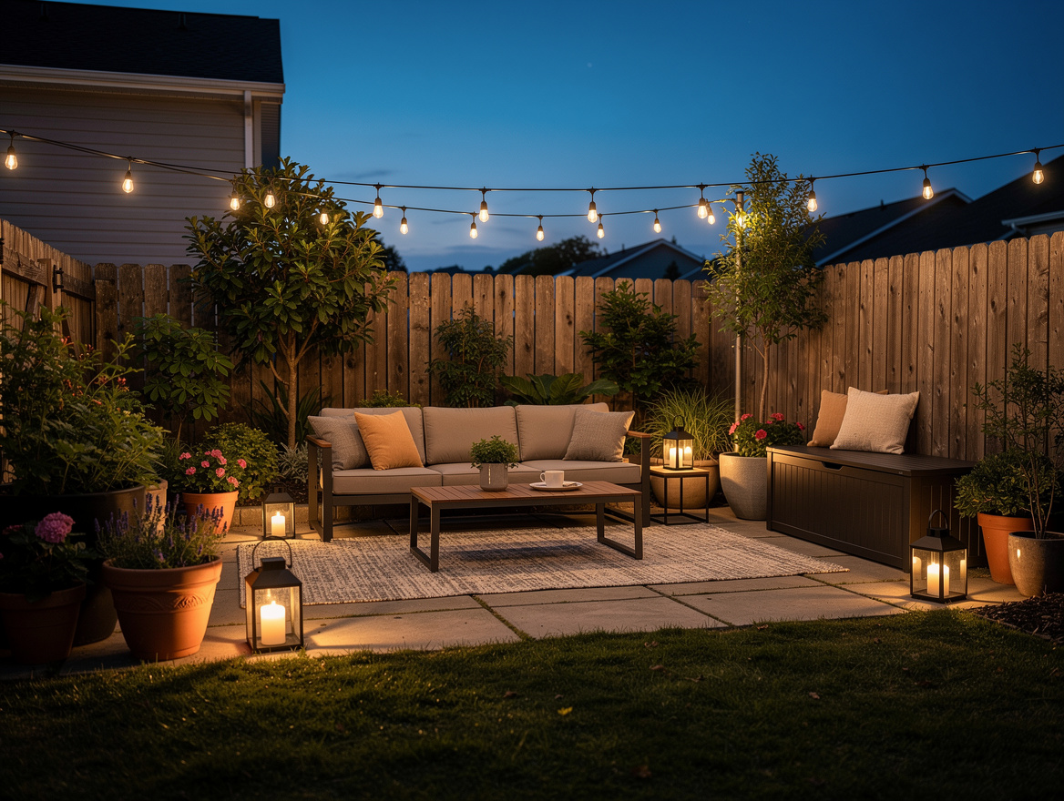 Wide ambient backyard photo at dusk with portable patio furniture, string lights