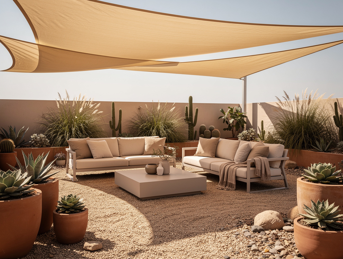 Wide ambiance photo of a desert-friendly patio with overlapping shade sails, gra