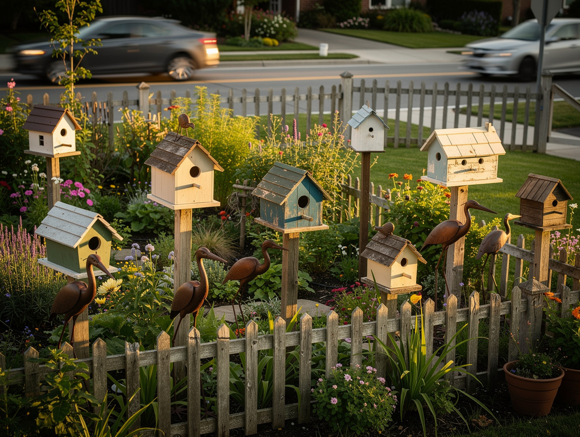wide atmospheric shot of full birdhouse village with metal heron silhouettes, ca