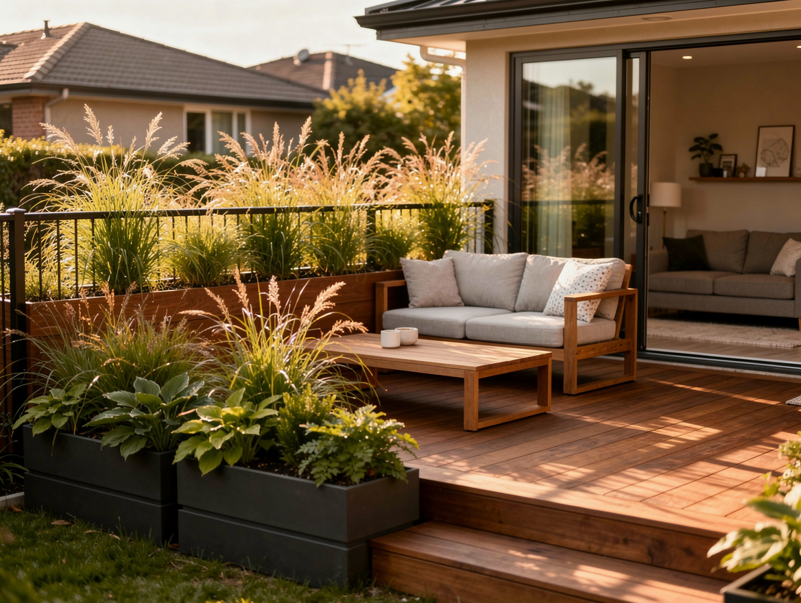 Wide ambiance photo of a cozy suburban deck screened with long railing trough pl