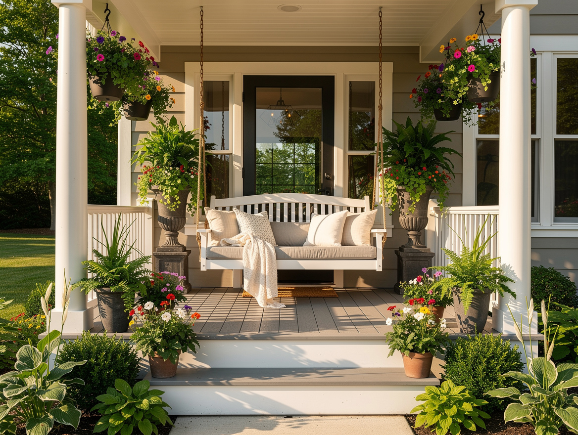 Wide ambiance photo of a summer front porch styled like an outdoor room with a s