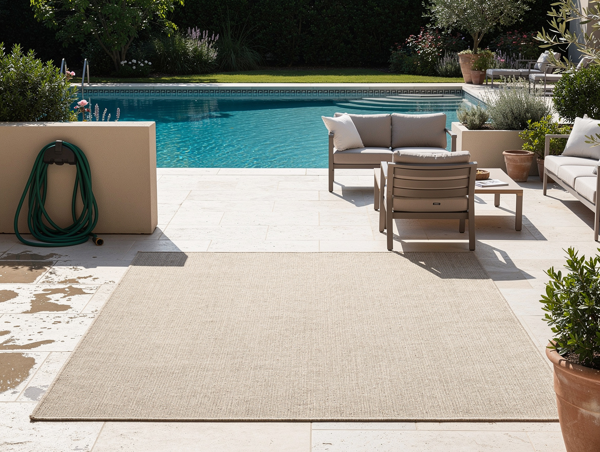 Wide ambient photo of an American poolside patio with a sand-colored outdoor rug