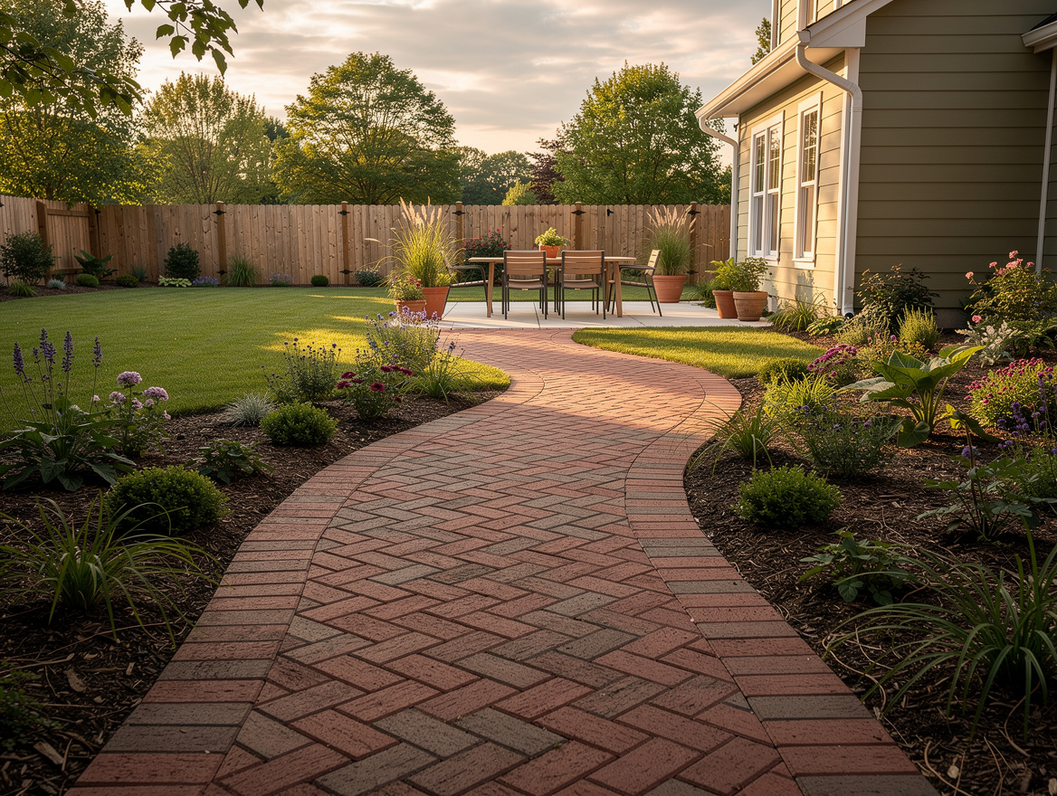 Wide ambient photo of a brick herringbone garden path leading through a tidy Ame