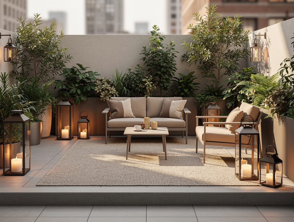Wide ambiance photo of a small urban patio styled like a boutique hotel terrace,
