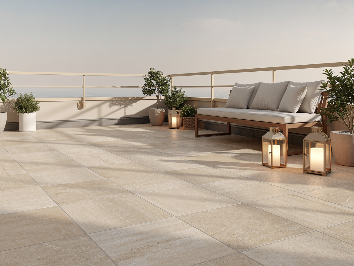 Wide ambiance photo of a rooftop-style deck with light porcelain pavers on pedes