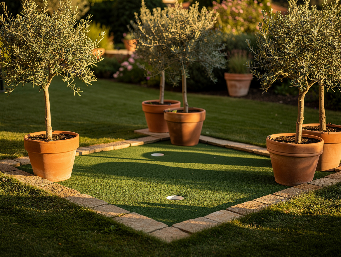realistic wide photo of a small putting green in a back corner of a yard, framed