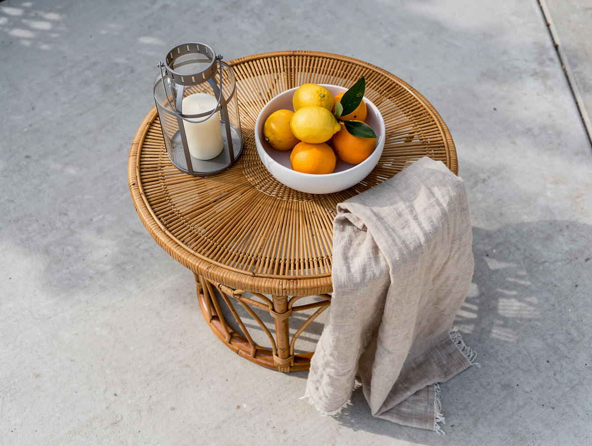 Overhead flat-lay style shot of a thrifted rattan side table styled with a l