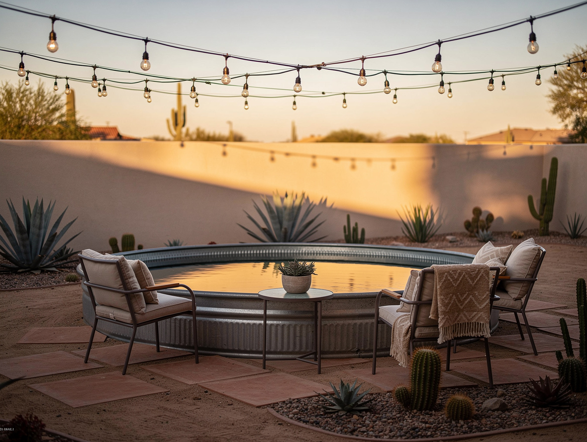 Evening atmosphere photo of the stock tank pool area with warm Edison string lig