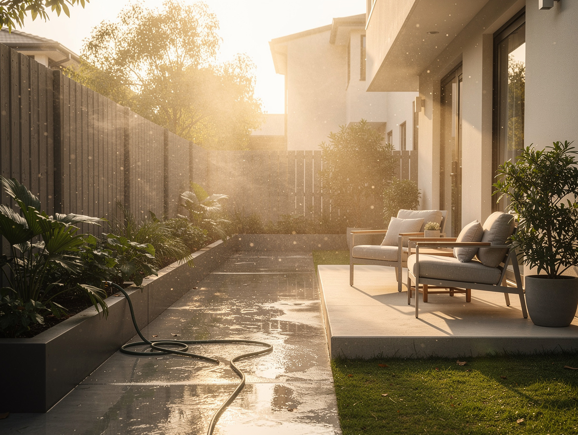 ambient wide shot of a narrow side yard at golden hour, wet splash zone on one s
