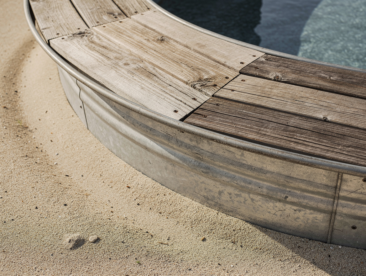 Close-up of a weathered wood plank deck flush with the rim of a galvanized stock