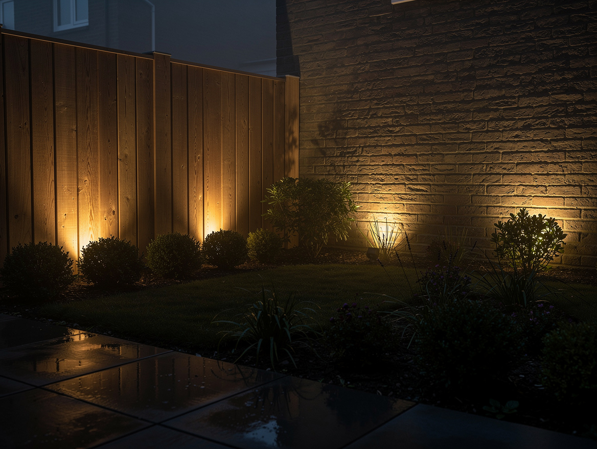 Wide ambient shot of a fenced garden with vertical-surface uplighting on wood an
