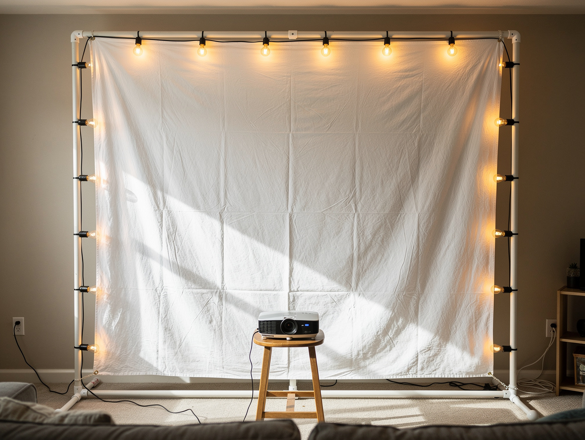 A budget DIY PVC frame holding a white drop cloth sheet screen with a small proj