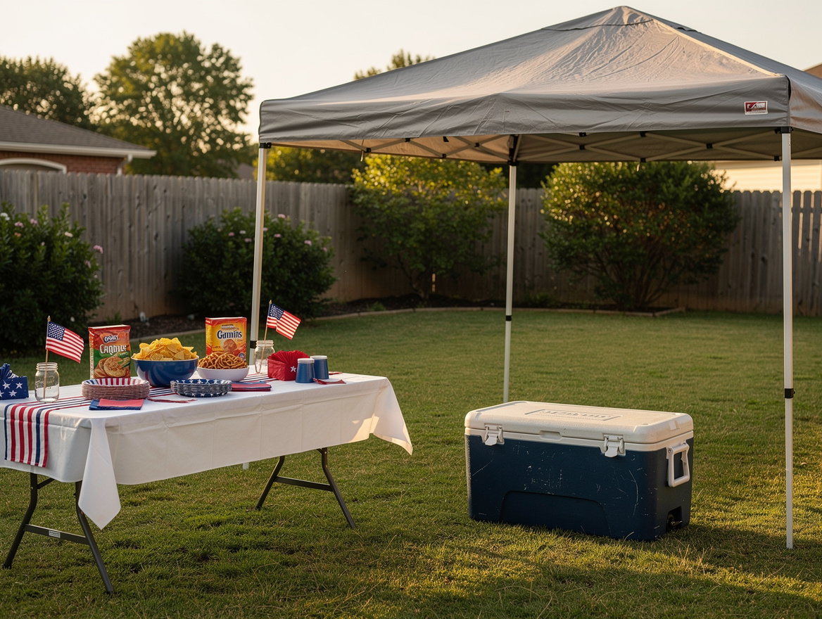 Wide ambiance photo of a budget 4th of July backyard party scene with canopy sha