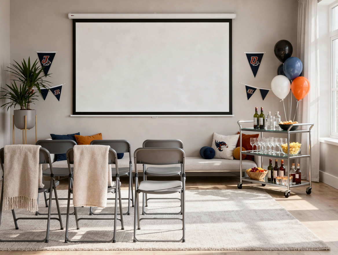 Wide ambiance photo of a cozy home viewing party space with projector screen, fo