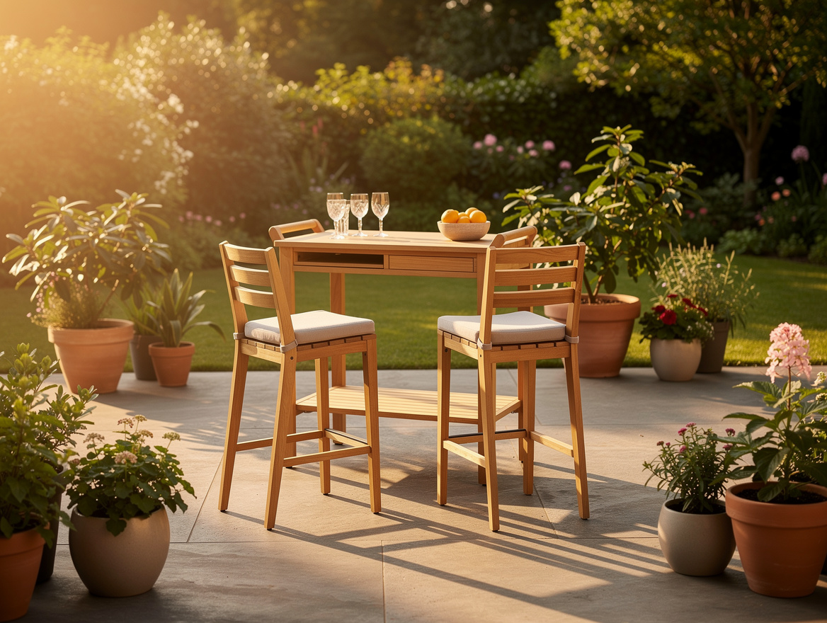 Realistic wide editorial photo of a backyard patio with a teak outdoor bar troll