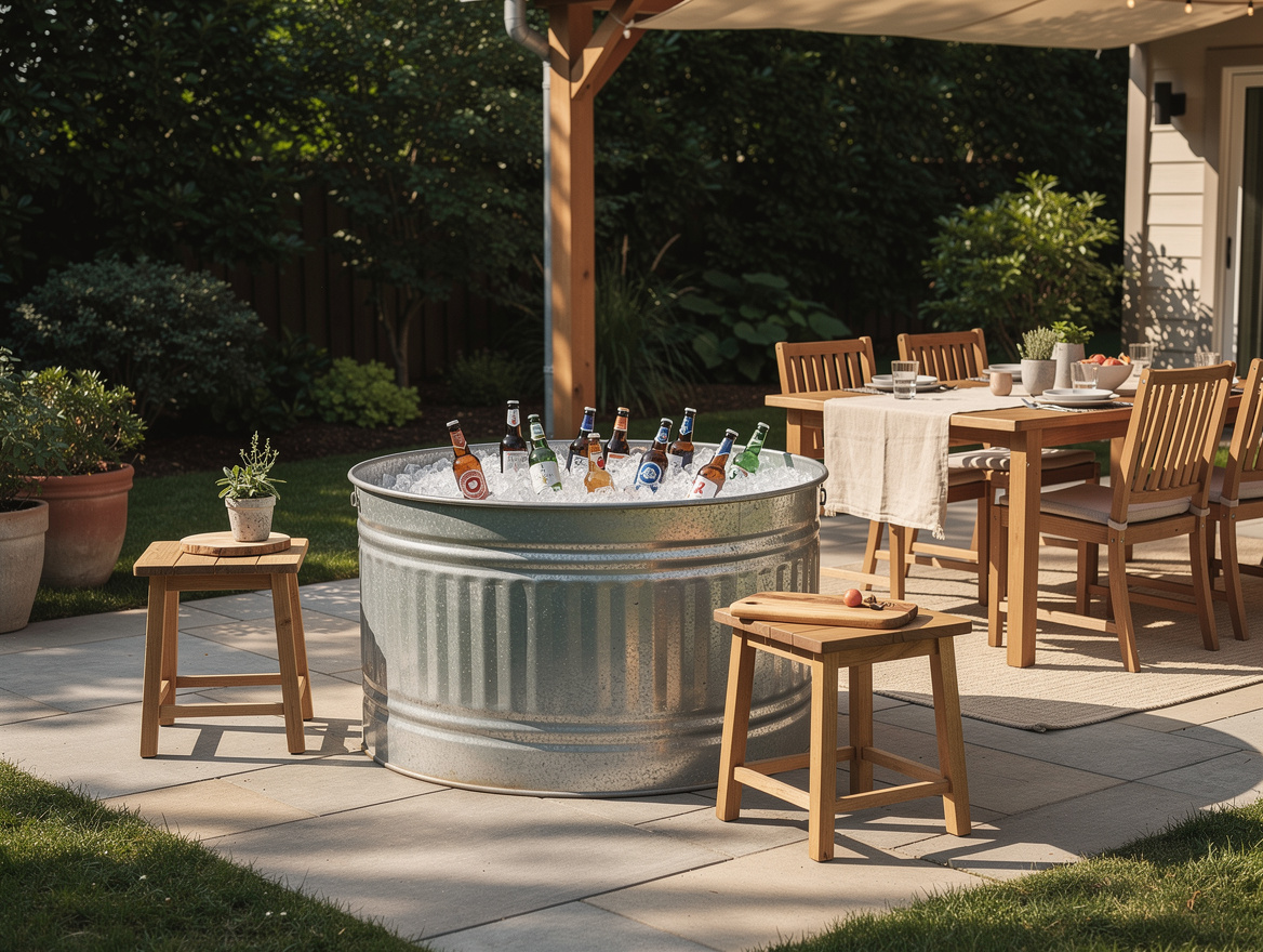 Wide ambiance photo of a shaded patio with a DIY stock tank ice bar, simple wood