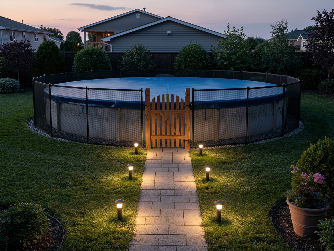 Wide ambiance photo of a family backyard with an above-ground pool, mesh barrier