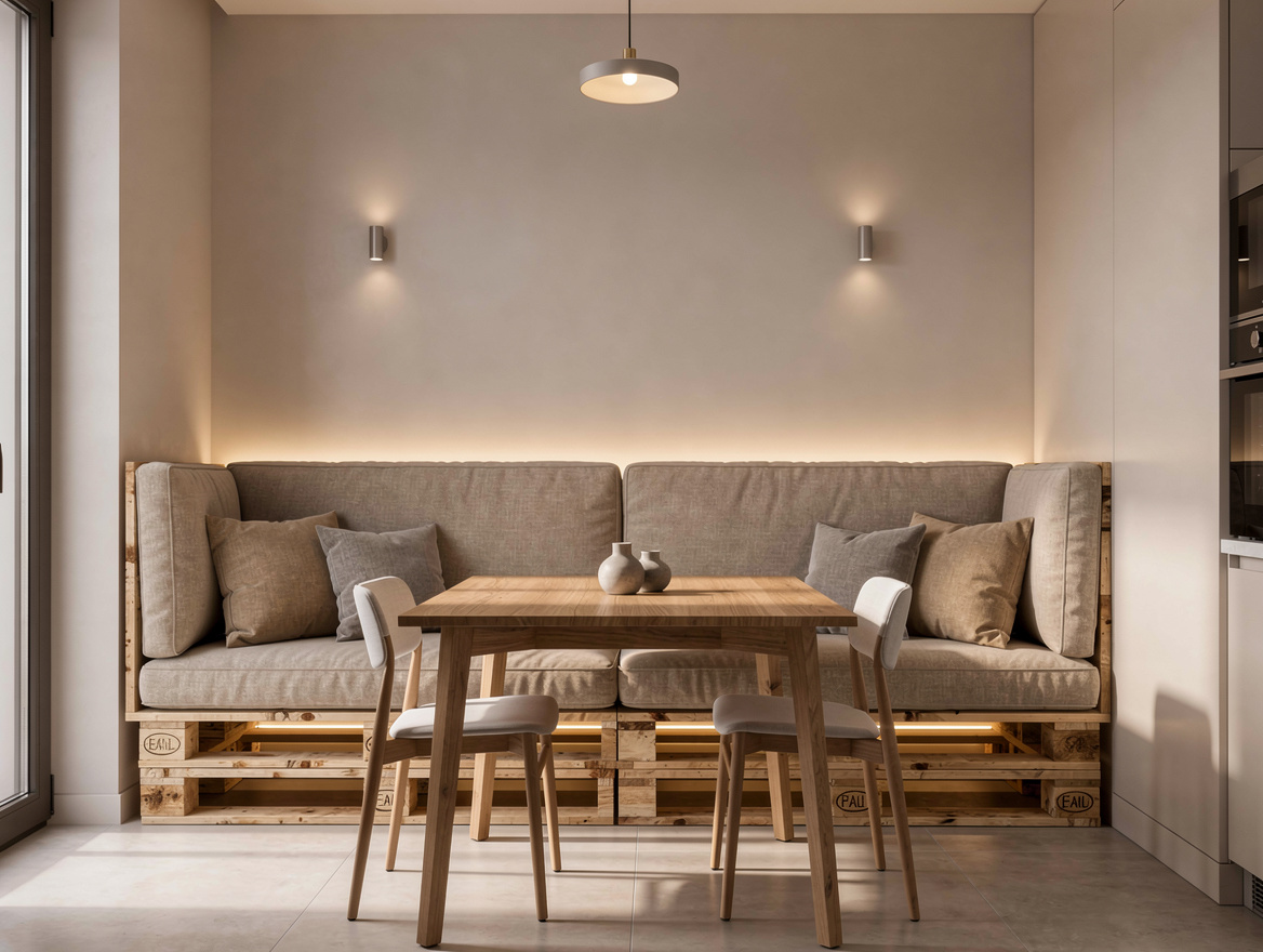 Wide ambient photo of a dining nook with a pallet banquette, muted performance f