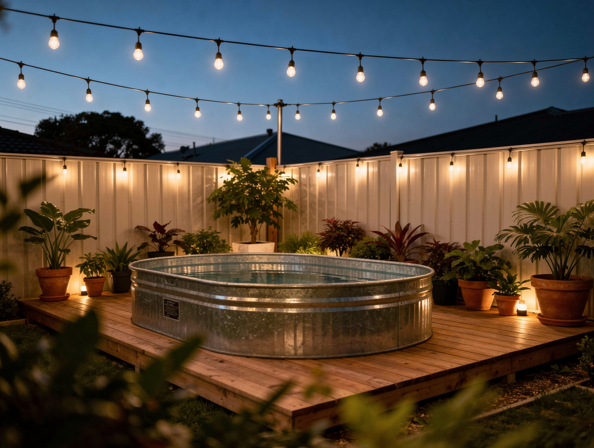 Atmospheric evening photo of a small backyard with string lights above a stock t