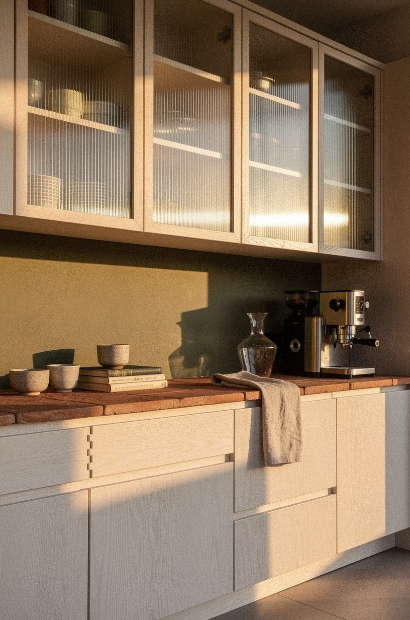Hide the coffee station behind reeded glass (The Disappearing Bar Rule)
