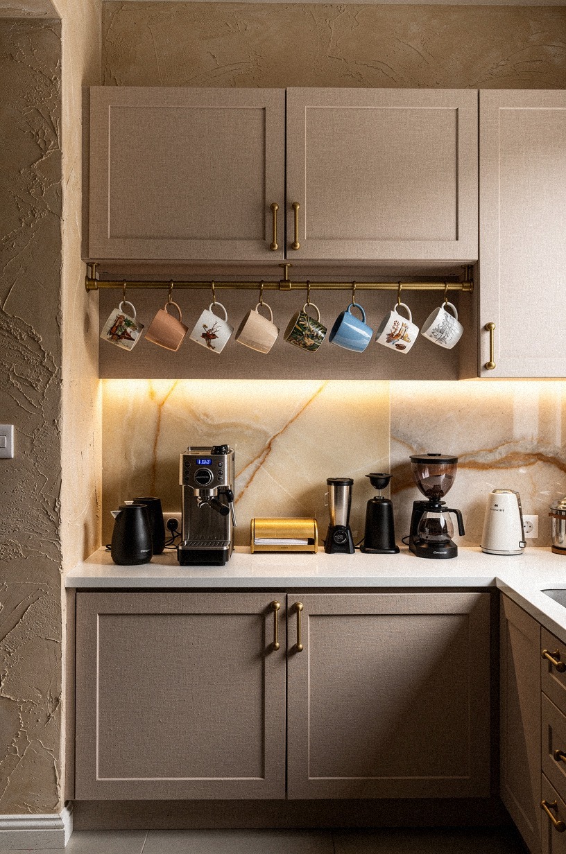 Mount brass rails under the upper cabinets