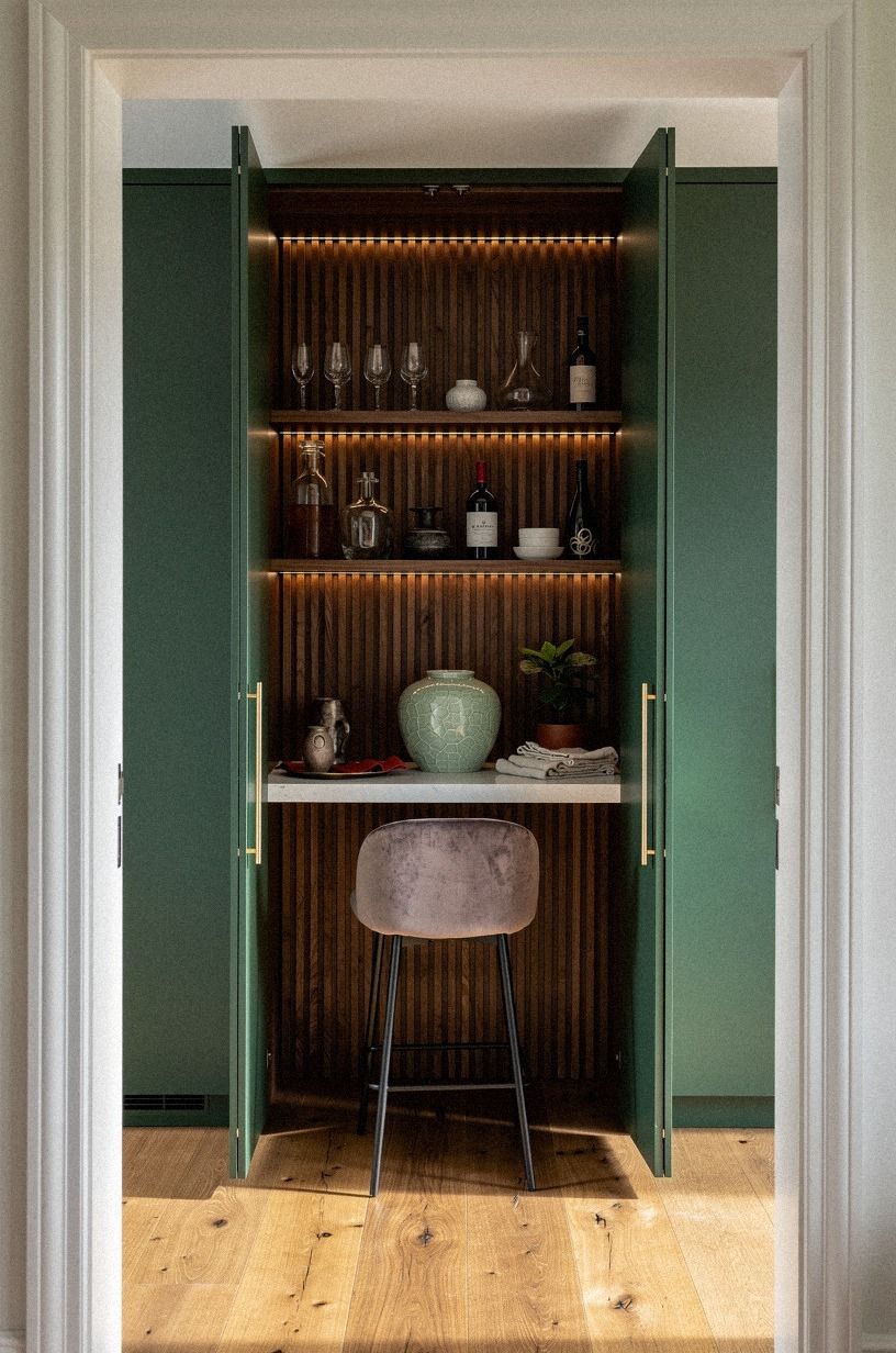 Line the back wall with walnut slats